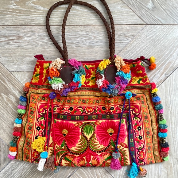 **CLEARANCE - THESE ARE NEW** Embroidery Tote with Pom Poms & Tassels - Picture 2 of 5
